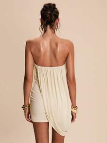 SHEIN BAE Spring/Summer Women's Nude Strapless Sleeveless Ruffled Bodycon Elegant Venus Mini Dress, Summer Dress ,Valentines Day Dress,Beach Dress,Party Dress,Wedding Guest Dress ,Birthday Dress,Elegant Dresses, - Khaki - View 2