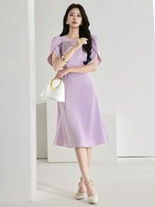 Heiryn Đầm tay cánh hoa thanh lịch, kiểu dáng thường ngày, có thắt lưng, thích hợp cho công sở mùa hè. - Hồng - Xem 9