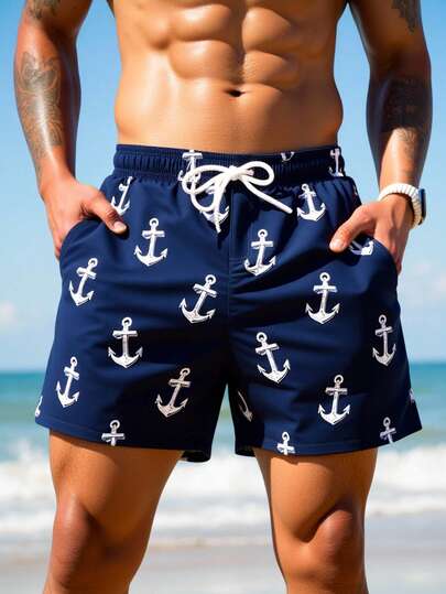 Manfinity Swimmode Summer Men's Anchor Print Drawstring Waist Pocket Beach Shorts
