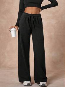 Women's Solid Elastic Waisted Drawstring Wide Leg Casual Sweatpants - Black - View 6