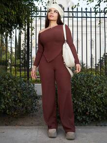 Lupita Cardoza Conjunto de 2 piezas de camiseta asimétrica de hombro con peluche + pantalones de pierna ancha de cintura baja para mujer, invierno - Marrón - Ver 6