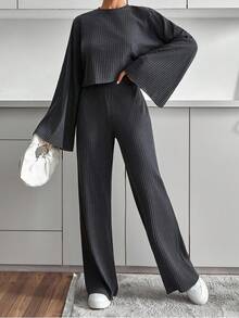 EURMUSE Drop Shoulder Ribbed Knit Tee & Wide Leg Pants Textured Fabric Two Pieces - Dark Grey - View 3