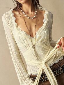 Bohemela 女士波西米亚风休闲优雅纯色针织蕾丝边V领长袖喇叭袖修身裹身系带上衣，完美适合休闲外出、闺蜜聚会、音乐节、派对叠穿或居家休闲穿着，夏季女士必备，新年女士必备，派对上衣，沙滩装 - 杏色 - 查看 2