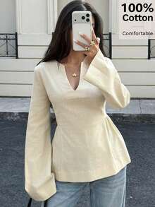 Siren Gaze Women's 100%Cotton V Neck Blouse With Flared Sleeves, Linen Blouse, Collared Shirt, Cotton Shirt, Suitable For Daily Wear, Butter Yellow Blouse , Holiday, Elegant Blouses, Beach Outfit , Spring , Summer Clothes V Neck Blouses For Women Long Sleeve Blouse For Women Cream Tops For Women V Neck Tops Full Sleeve Tops Casual Everyday Top Soft And Comfortable - Apricot - View 5