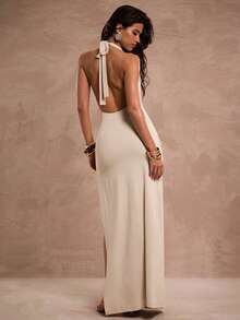 SHEIN BAE Đầm maxi cổ yếm gợi cảm màu trơn dành cho nữ, cổ chữ V sâu, xếp ly, xẻ tà bên hông. - Màu be - Xem 7