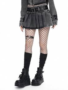 ROMWE Goth 暗黑哥特复古性感低腰迷你百褶牛仔裙 - 灰色 - 查看 3