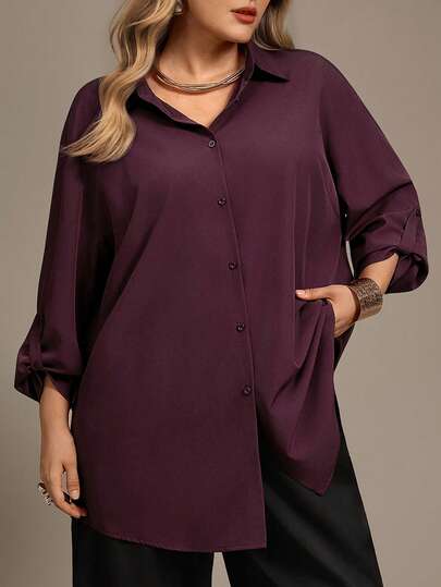 Auralis Women's Autumn/Winter New Ancla Wine Red Casual Commuter Versatile Stand Collar Long Sleeve Long Shirt/Elegant Commuter All-Match Shirt Dress, Wear Alone Or Layer/Elegant Siren-Style Office Wear Long-Sleeved Adjustable Sleeve Shirt / Plus Size Purple-Red Top / Christmas Outfit Top / Valentine's Day / Party / Company Annual Meeting Red Top