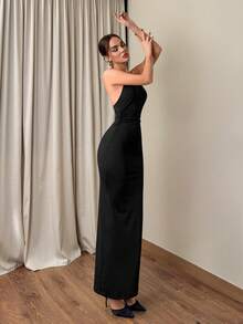 Firerie 女士优雅简约精致浪漫约会派对度假新年情人节金属装饰修身吊带长裙，黑色 - 黑色 - 查看 5