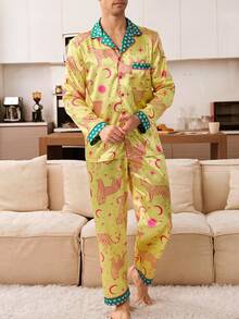 CoupledUp Couple Valentine's Day Minimalist Leopard, Sun, Star, Moon Print Lapel Cardigan Pajama Set For Men - Multicolor - View 3