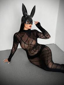 Whyspr Plus Size Women Sexy Long Sleeve Hollow Out Dress Valentines Casual Punk - Black - View 2