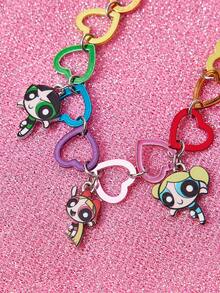 THE POWERPUFF GIRLS X SHEIN 1条时尚新款锌合金卡通图案印花彩色爱心手链，休闲可爱，适合派对、音乐会、节日等场合佩戴。 - 彩色 - 查看 3