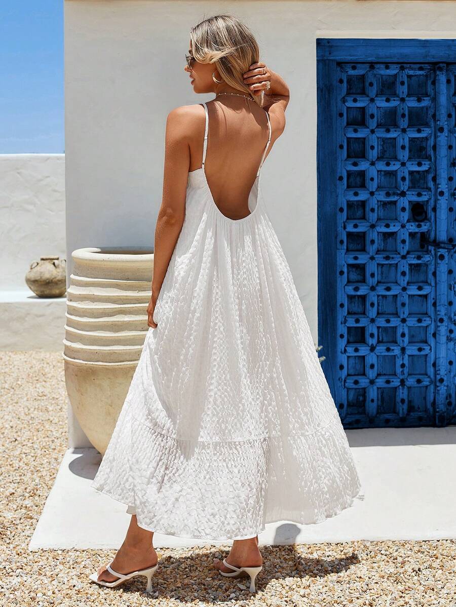 Vivid Eden 女士宽松休闲度假连衣裙，荷叶边下摆，露背设计，纹理面料，春夏款 - 白色 - 查看 1