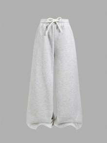 SHEIN Tween Girls' Summer Casual Solid Color Ruffle Short Sleeve T-Shirt And Wide Leg Pants Set - Grey - View 3