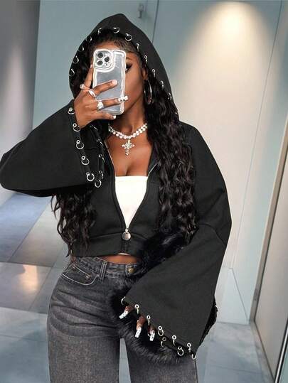 BamGleam Fashionable Punk Style Ring Decor Flare Sleeve Cropped Hoodie Fall Cloth For Women