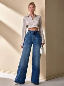 CLARA VERO Woman Low Waist Loose Wide Leg Casual Denim Jean - Dark Wash - View 1