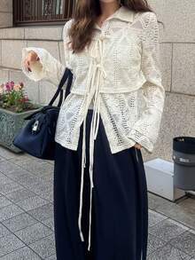 FRIFUL Ensemble 2 pièces chemise ample et débardeur pour femmes, tissu texturé avec nœud papillon décoratif à l'avant - Beige - Voir 7