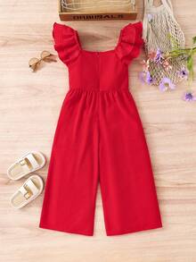 SHEIN 女童夏季休闲纯色荷叶边连体裤 - 紅色 - 查看 5