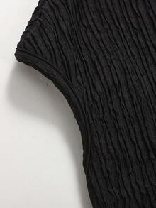 SHEIN 少女休闲优雅不对称下摆立体花卉装饰立领蝙蝠袖T恤，黑色 - 黑色 - 查看 6