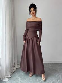 Elenzga 一套女士露肩长袖不对称上衣和半裙休闲套装 - 棕色 - 查看 5