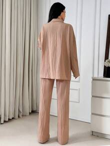 Beige Lounge Set With Gold Button Top And Wide-Leg Pants - Beige - View 2