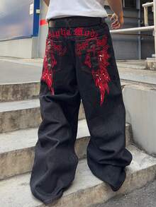 ROMWE MEN 男士休闲字母和翅膀刺绣宽松牛仔裤 - 黑色 - 查看 4