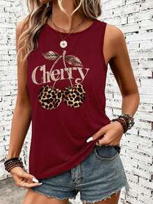 SHEIN LUNE 女士休闲度假豹纹樱桃字母图案背心，夏季 - 彩色 - 查看 5