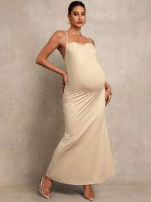 MaterniChic Elegant Champagne Summer Maternity Dress For Party,Pregnant Women Apricot-Colored High Elasticity Backless Halter Neck Valentines Day Party Dresses - Apricot - View 6