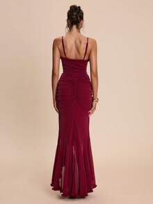 SHEIN BAE Đầm slip dáng đuôi cá màu đỏ xếp ly, thanh lịch và gợi cảm, thích hợp cho tiệc cocktail, hẹn hò lãng mạn, họp mặt, sự kiện trang trọng, váy phù dâu, đi chơi đêm, ngày Valentine, mùa xuân/hè. - Đỏ - Xem 2