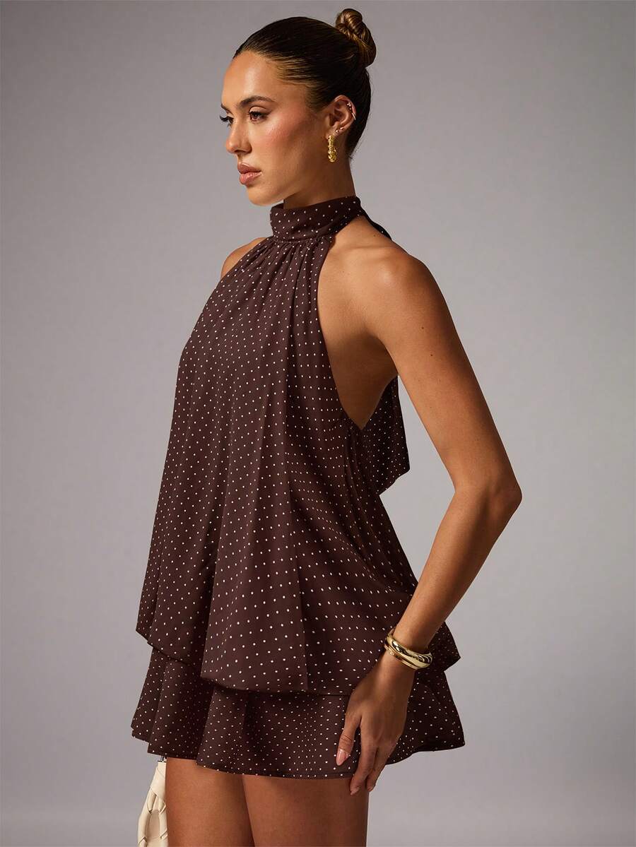 Avenya 女士波点吊带迷你连衣裙，喇叭裙摆，适合度假 - 棕色 - 查看 1
