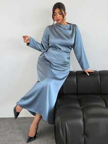 Firerie 大码女士优雅通勤套装，喇叭长袖褶皱领不对称下摆上衣搭配高腰超长鱼尾裙，缎面裙装，优雅通勤装 - 霧霾藍 - 查看 1