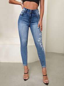 Selenza 女士高腰口袋花卉刺绣修身休闲百搭牛仔裤 - 藍色 - 查看 2