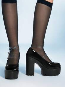 Sugerpunk Tacones altos de moda con diseño de hebilla y suela gruesa, estilo punk para mujer - Negro - Ver 4