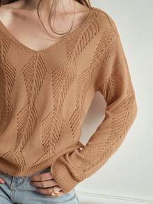 Écloséra Áo len chui đầu tay dài cổ chữ V khoét rỗng màu trơn đơn giản đa năng - màu nâu - Xem 2