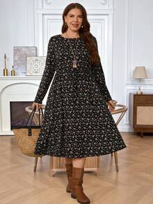 EMERY ROSE Sukienka damska w dużym rozmiarze, wiosna/lato, z nadrukiem kwiatowym, okrągłym dekoltem i długim rękawem