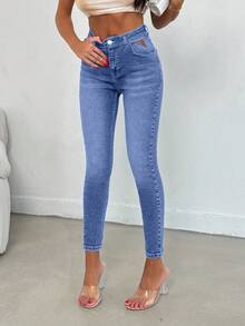 EURMUSE 97 % bomull Högtvättade skinny jeans med jacquerdetaljer - Mediumtvätt - Visa 3