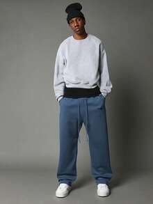 SUMWON Sumwei 椭圆形Logo运动裤，宽松版型，抽绳腰带，舒适休闲运动裤，秋冬时尚纯色 - 藍色 - 查看 3