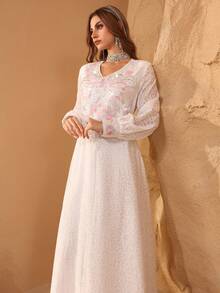 SHEIN Najma Sequin Embroidery Hollow Out Lace-Up Waist Long Sleeve Elegant Women Dress - White - View 10