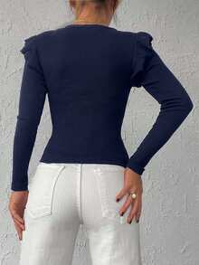 EURMUSE 95% Cotton Ribbed Knit Ruffle Trim Tee - Navy Blue - View 2