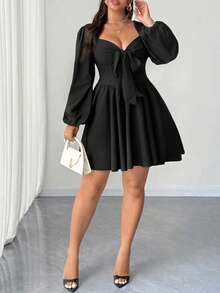 SHEIN CURVE+ 大码女士性感系带露背镂空黑色迷你连衣裙，秋季款 - 黑色 - 查看 4