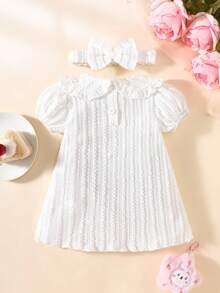 SHEIN 新生女婴白色刺绣彼得潘领连衣裙，公主风 - 白色 - 查看 2