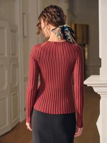 SHEIN Unity Women's Crew Neck Long Sleeve Ribbed Rhinestone Decor Elegant Knit Sweater,Brown And Gold,Autumn,Dinner Date,Chic Stylish For Fall Winter New Year - Burgundy - View 2