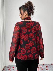 Elenzga 大码女士优雅雪纺印花长袖V领飘逸领口系带装饰玫瑰花卉图案上衣，适合春秋季节穿着，浪漫约会装扮 - 紅色 - 查看 2