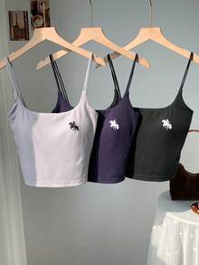 Comfortcana Women's Knight Embroidery Ribbed Casual Camisole Winter Clothes Christmas New Year Casual Bra Pads, Elastic Open Back Cutout,Comfortable And Elegant, Perfect For Home, Casual Wear, Or As An Inner Layer. Multiple Pieces Available, Suitable For All Occasions Horse Tank Top,Tank Top 3 Pack Tops - Multicolor - View 7