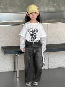 DAZY Quần jean denim dáng rộng phong cách Hàn Quốc thường ngày dành cho nữ, đính đá, đã qua xử lý. - màu đen - Xem 4