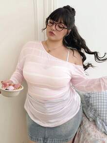 CovetEZ 大码女装，西式女装，休闲斜肩半透明长袖T恤，黑色 - 淺粉色 - 查看 3