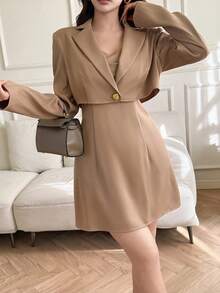 Feyla Women's Elegant Commuter Solid Color Cropped Jacket And Dress 2 Pieces Set - Khaki - View 5