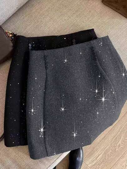 Franclia 灰色羊毛混纺亮片装饰高端时尚法式风格纽扣前开襟女装