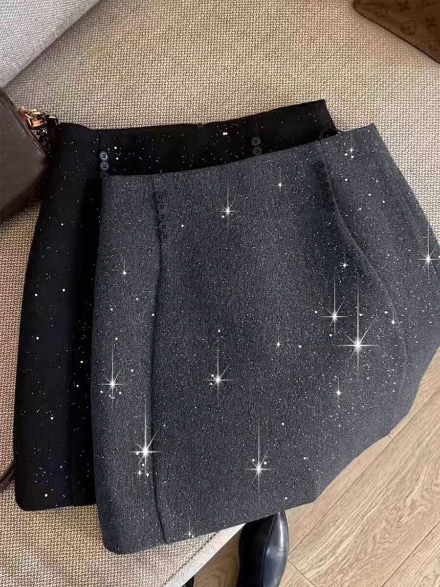 Franclia 灰色羊毛混纺亮片装饰高端时尚法式风格纽扣前开襟女装 - 深灰色 - 查看 1