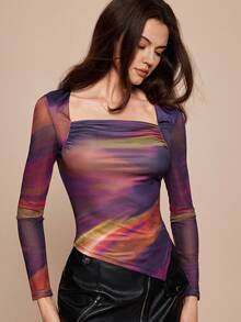 Leighera Square Neck Fitted T-Shirt Tie-Dye Asymmetrical Hem T-Shirt Mesh Print Knit Fitted T-Shirt - Red - View 7