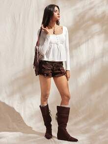 CovetEZ Women Amilitary Green Front Button Long Sleeve Casual Shirt,Fall,Winter - White - View 4